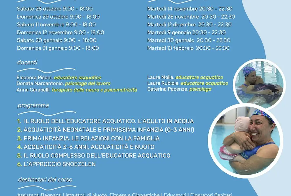 Educatore Acquatico Acqua in Movimento® 1°livello. Al via la seconda edizione dell’innovativo corso formativo promosso dall’Energy Center Villaggio Amico e riconosciuto dallo CSEN a livello nazionale nel settore nuoto