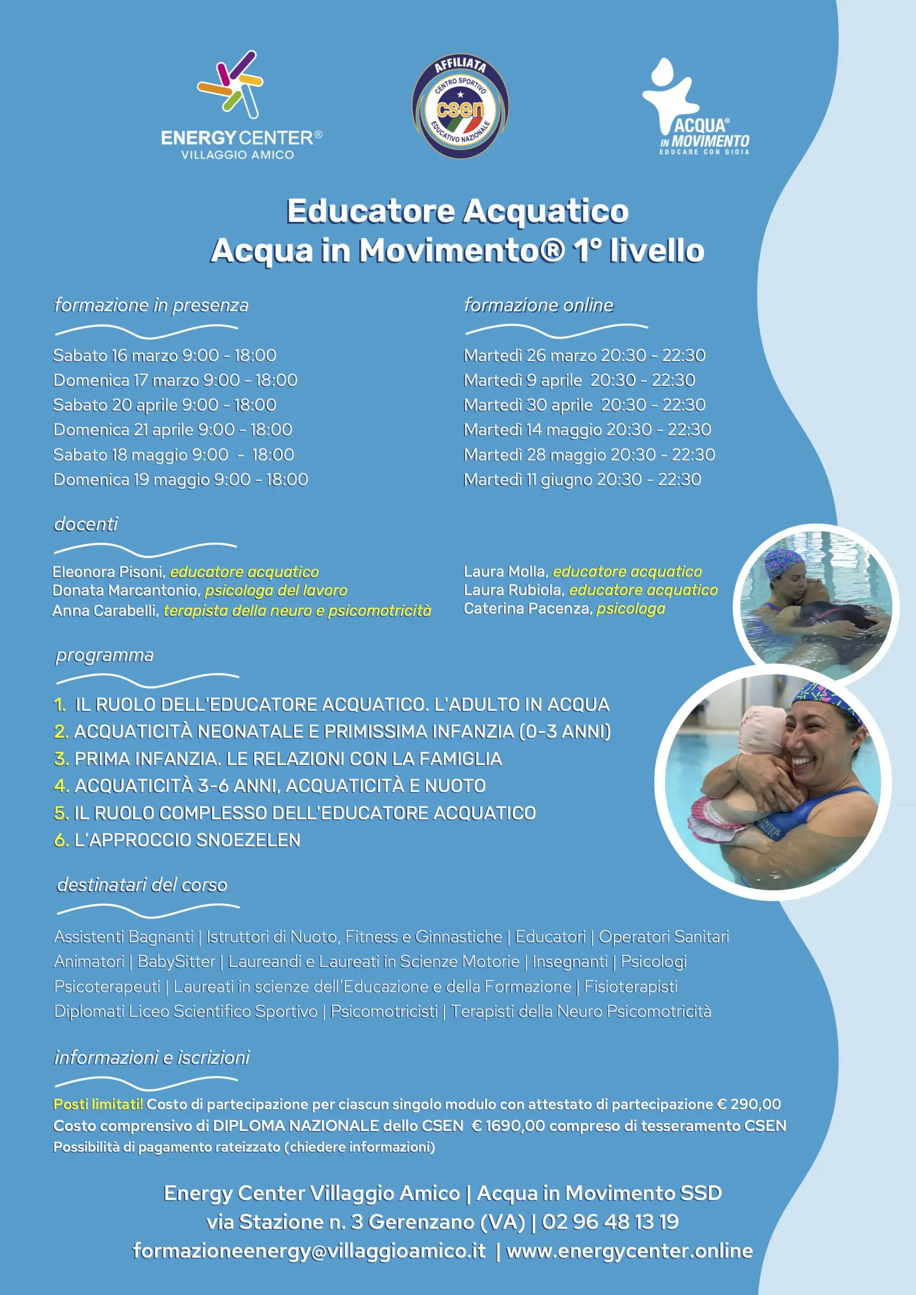 Al via la seconda edizione di Educatore Acquatico Acqua in Movimento® 1° livello, il corso promosso dall’Energy Center Villaggio Amico e riconosciuto dallo CSEN