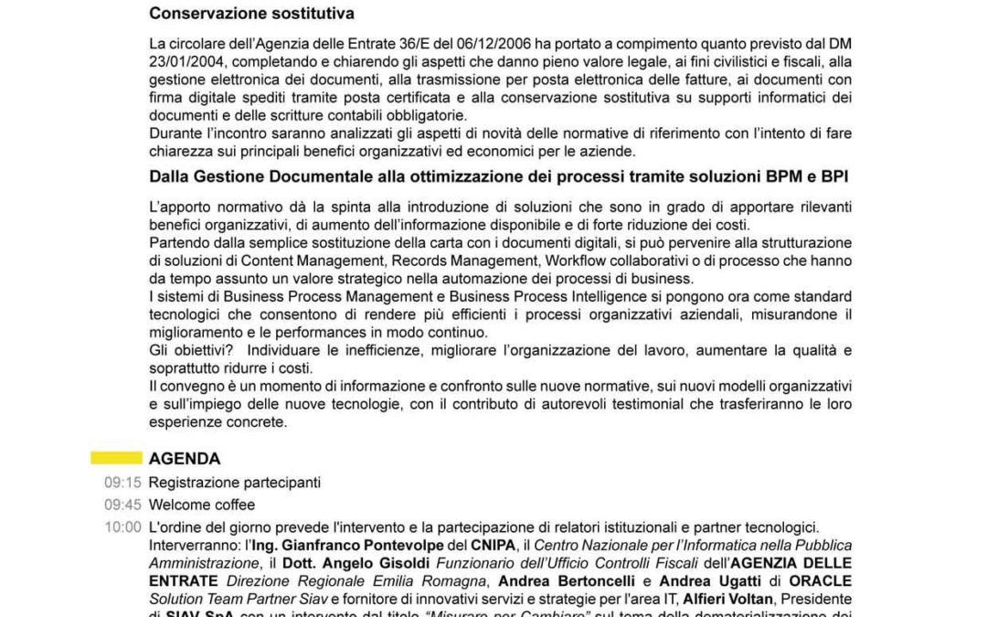 Cnipa e grandi aziende a Bologna per discutere norme e vantaggi della dematerializzazione dei documenti