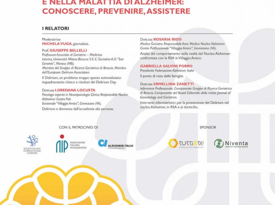 “Il delirium nella persona anziana e nella malattia di Alzheimer: conoscere, prevenire, assistere”, il 15 settembre il convegno organizzato da Villaggio Amico