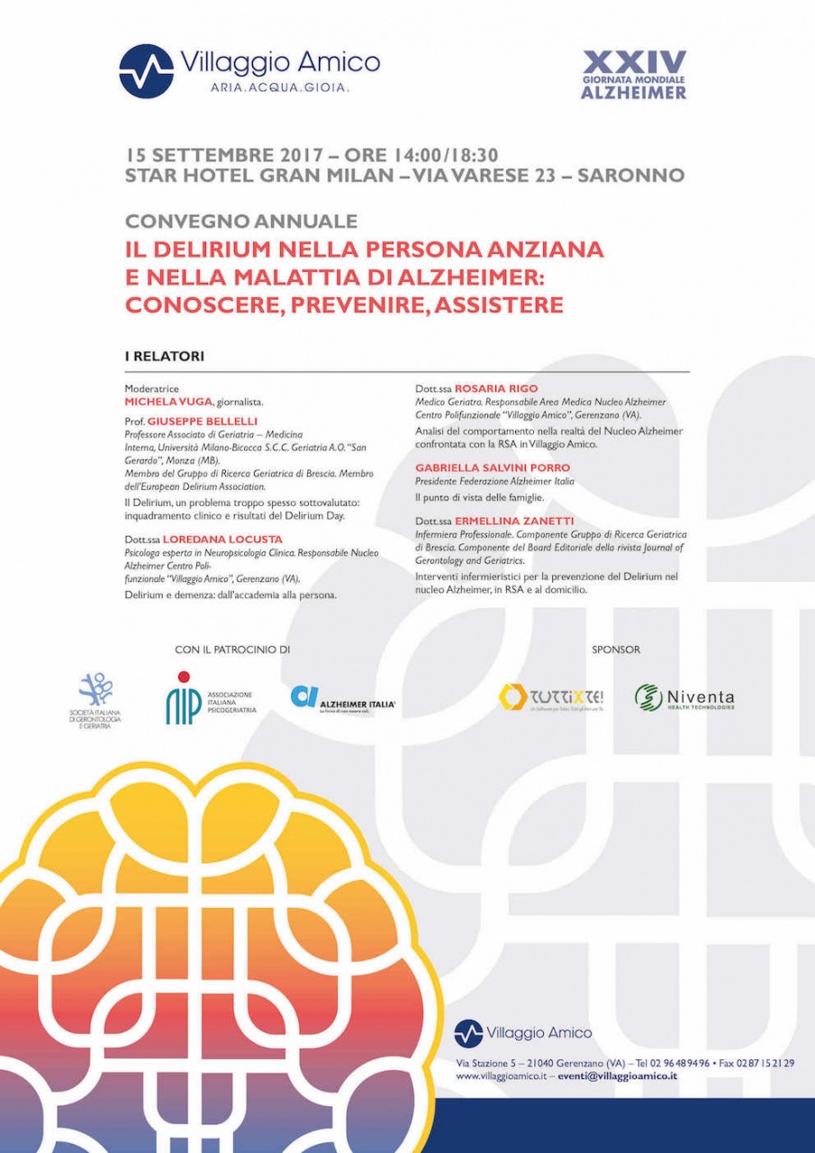 “Il delirium nella persona anziana e nella malattia di Alzheimer: conoscere, prevenire, assistere”, il 15 settembre il convegno organizzato da Villaggio Amico