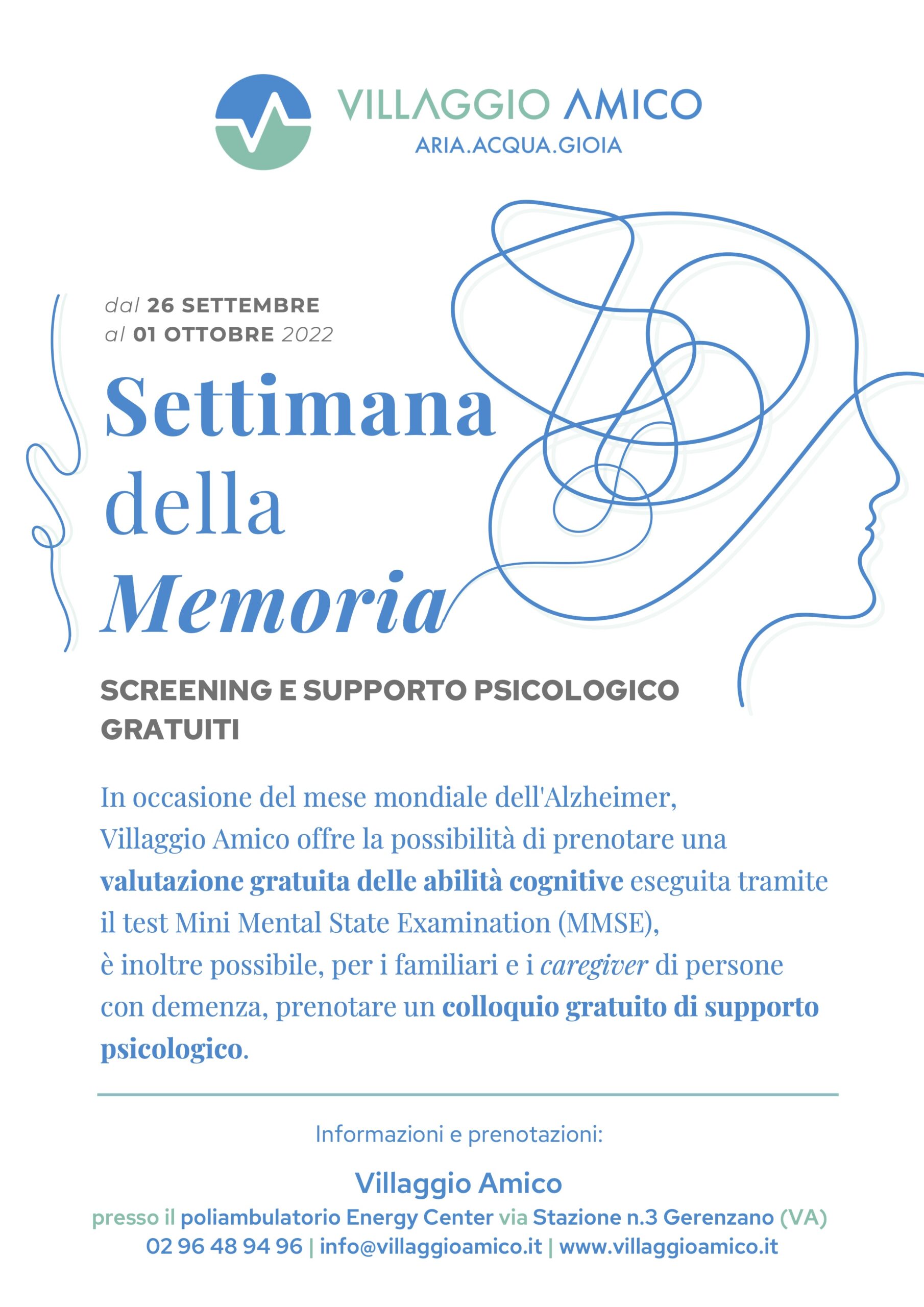 Settembre, mese mondiale dell’Alzheimer: a Villaggio Amico screening e supporto psicologico gratuiti