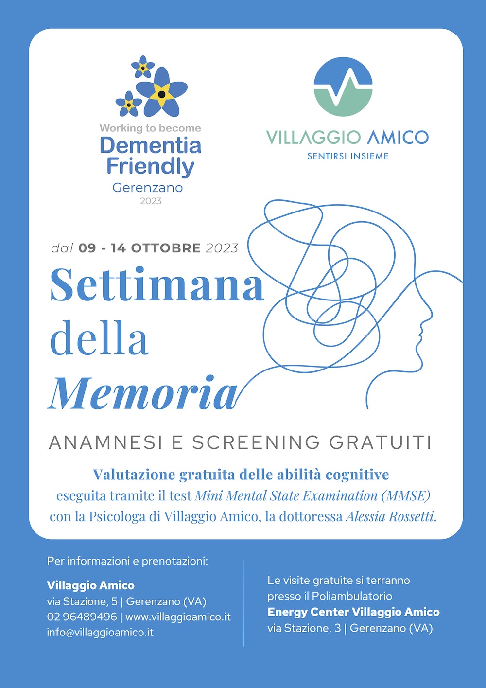 Settimana della Memoria 2023. A Villaggio Amico screening gratuiti per prevenire i disturbi della memoria