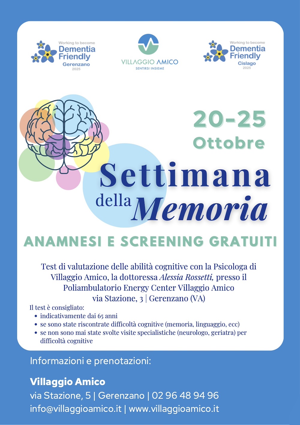 A Villaggio Amico torna la Settimana della Memoria: screening gratuiti e supporto psicologico per prevenire i disturbi della memoria